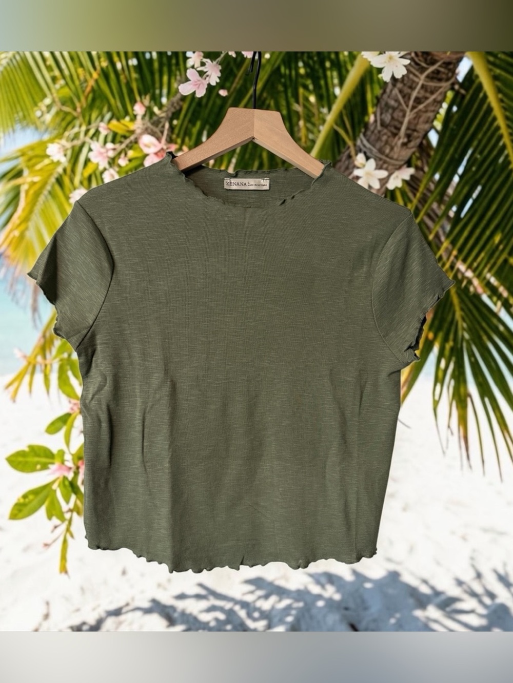 Zenana Outfitters Olive Green Lettuce-Edge Crop Top